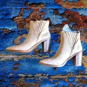 Womens Pointed Toe Ankle Boots Chunky Stacked Block Mid Heel Western, Beige